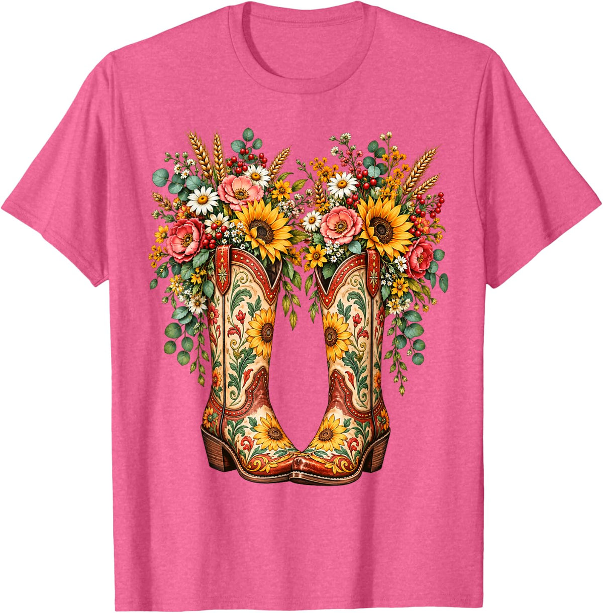 Flower Cowboy Boots Rustic Western Cowgirl Fall Aesthetic T-Shirt - Pink Heather