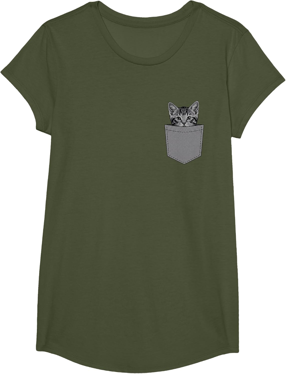 Pocket Kitten Cat Lover Funny Crazy Dog Logo T-Shirt - Girls Olive Green