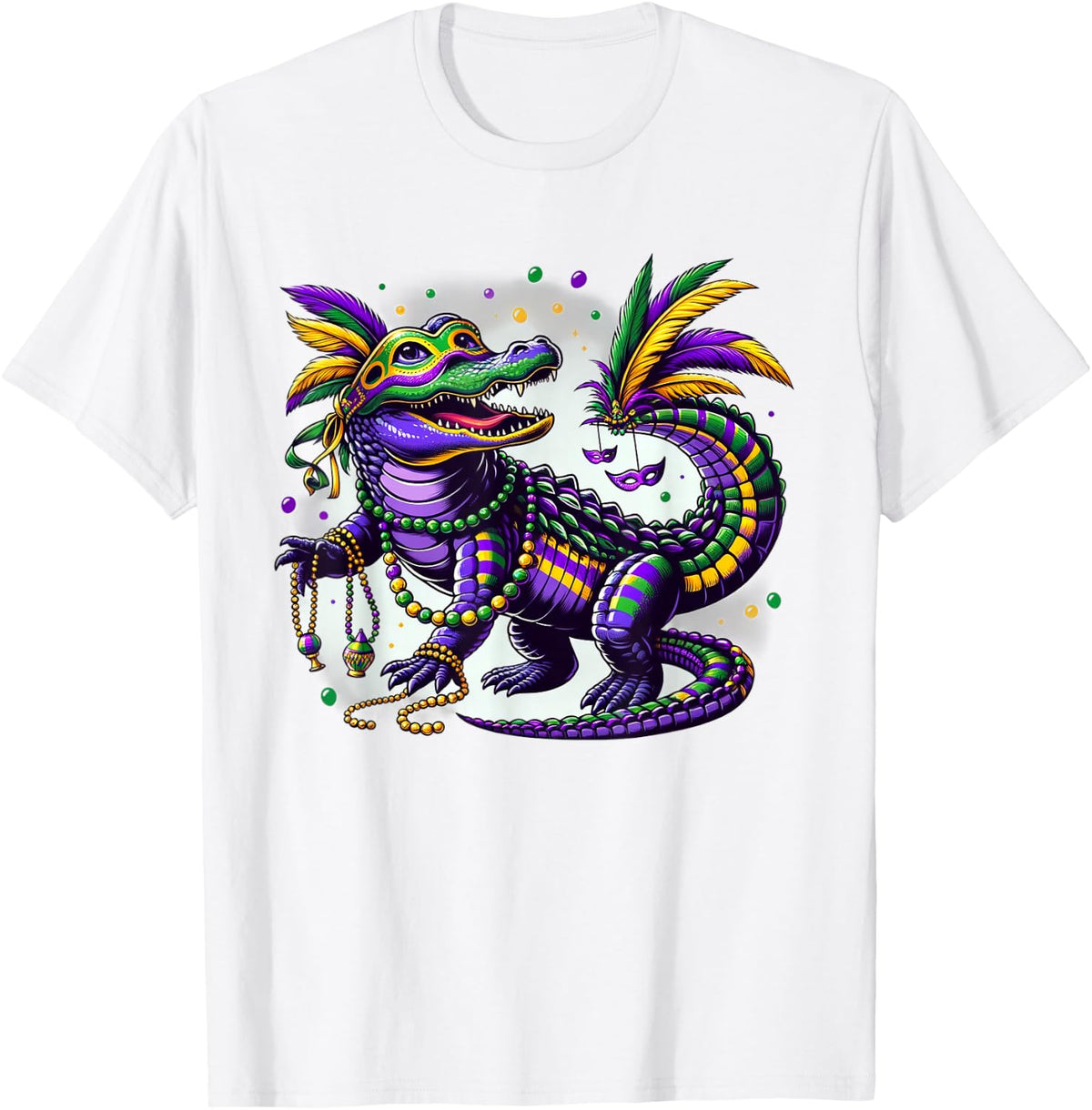 Festive Mardi Gras Alligator NOLA New Orleans Beads Gator T-Shirt - White