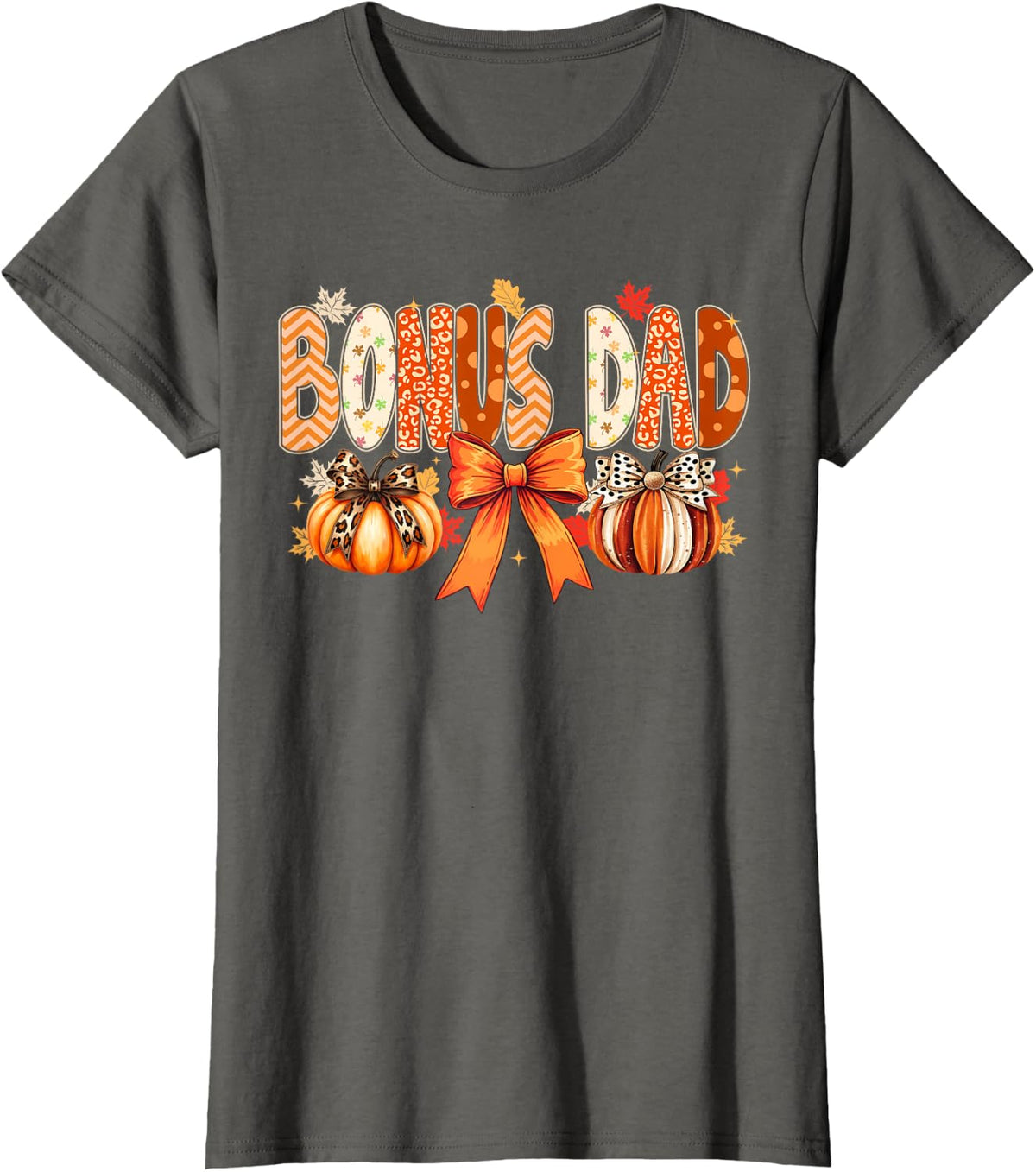 Retro Bonus Dad Coquette Bows Leopard Fall Thanksgiving T-Shirt - Asphalt Grey