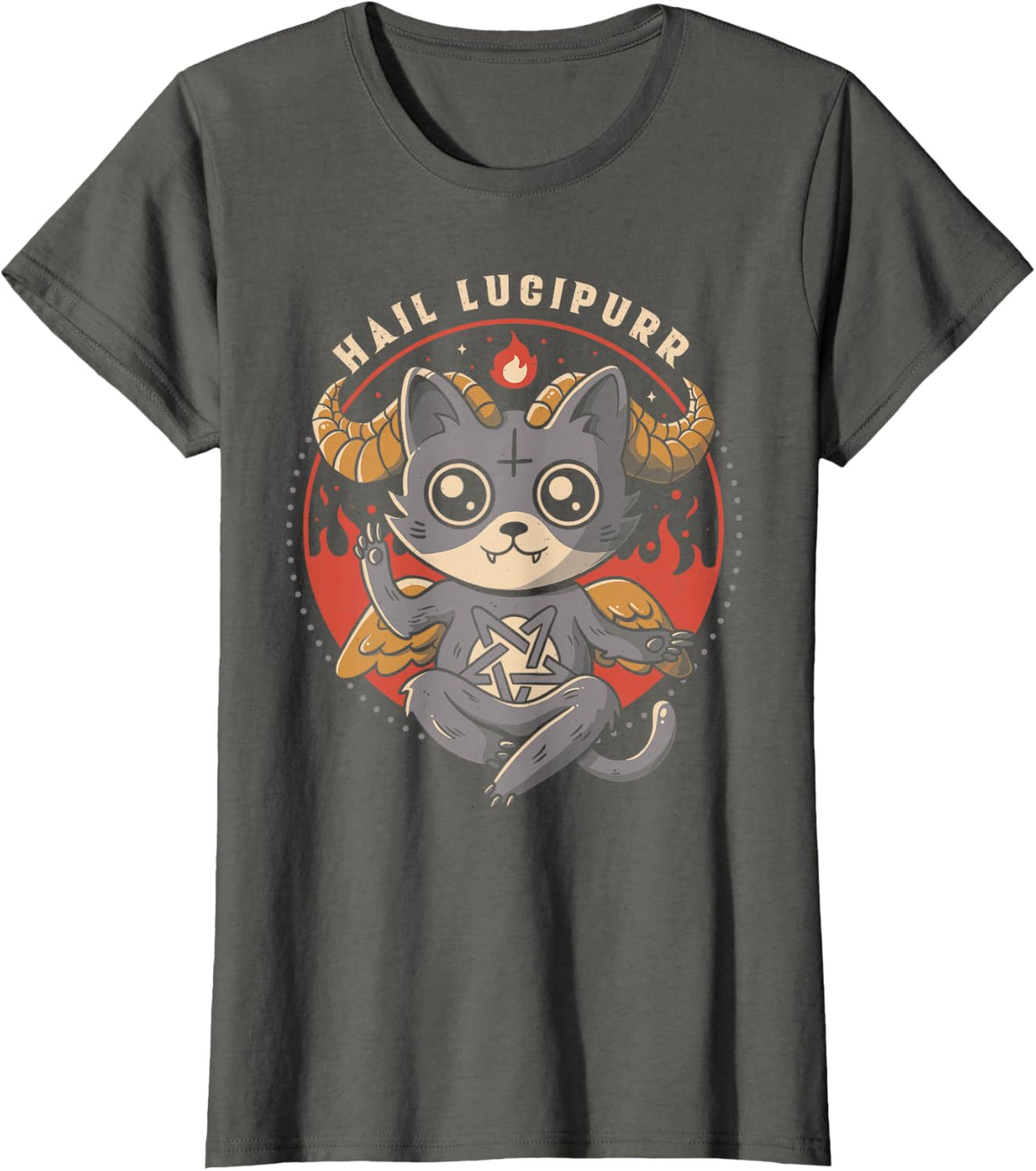 Hail Lucipurr Devil Cat Lover Pentagram Satan Cute Baphomet T-Shirt - Asphalt Grey
