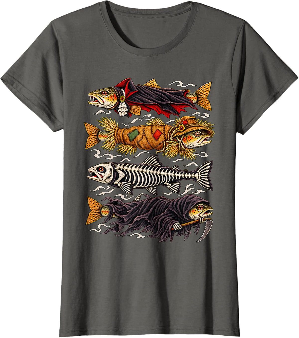 Halloween Trout Fish Ghost Vampire Skeleton Scarecrow Mummy T-Shirt - Asphalt Grey