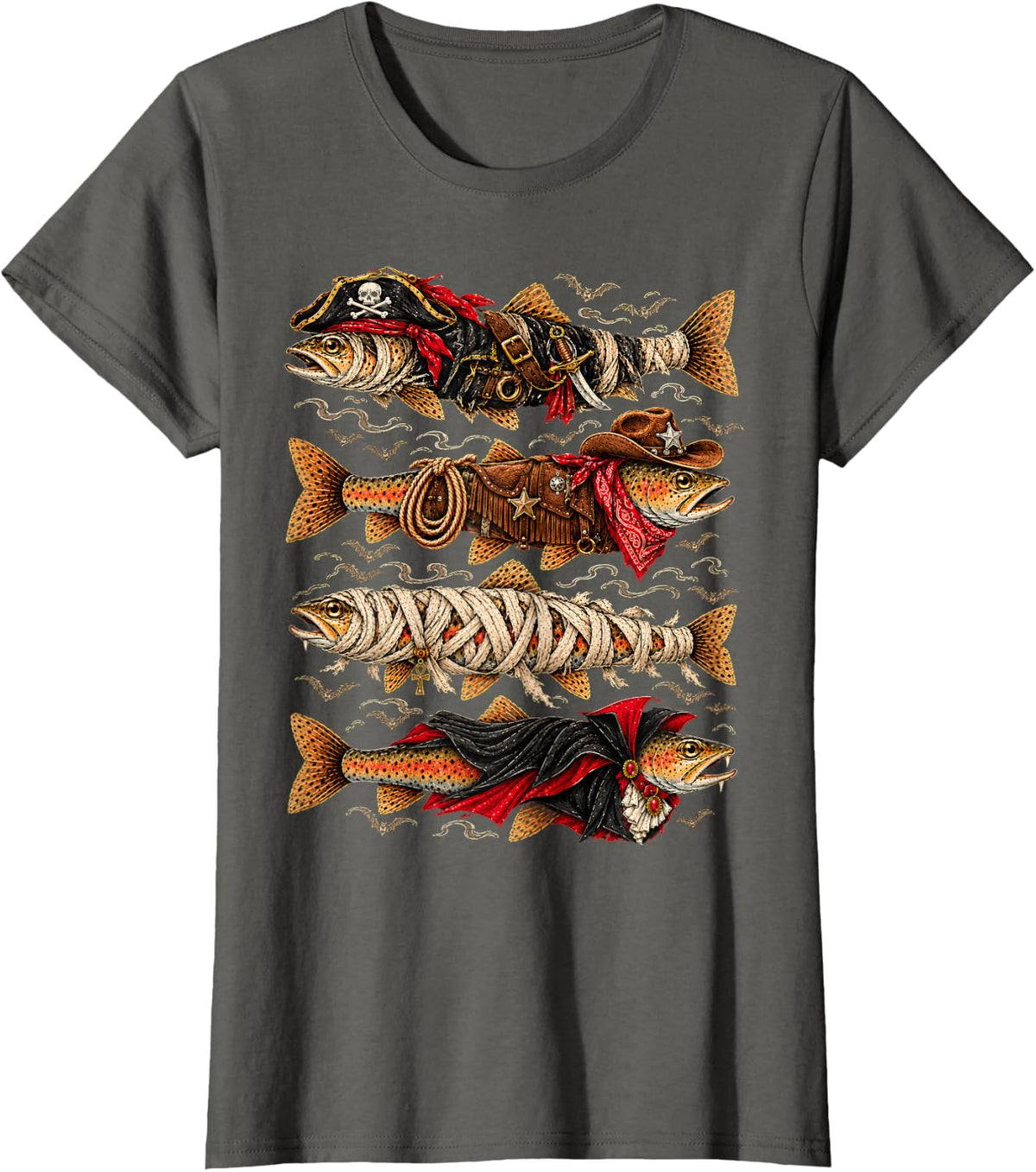 Halloween Trout Fish Ghost Pirate Cowboy Mummy Vampire T-Shirt - Asphalt Grey