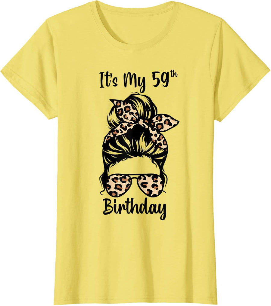 It's My 59th Birthday Happy 59 Years Old Messy Bun Leopard T-Shirt - Lemon Yellow