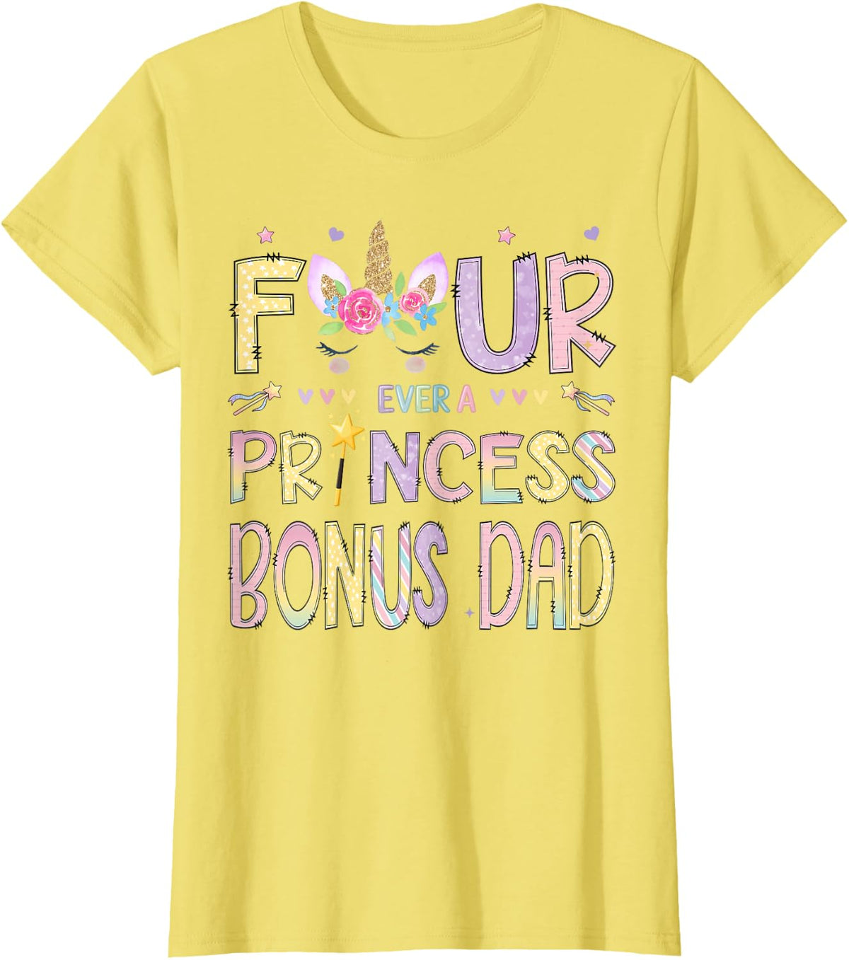 Four Ever A Princess Bonus Dad 4th Birthday Girl Unicorn T-Shirt - Lemon Yellow