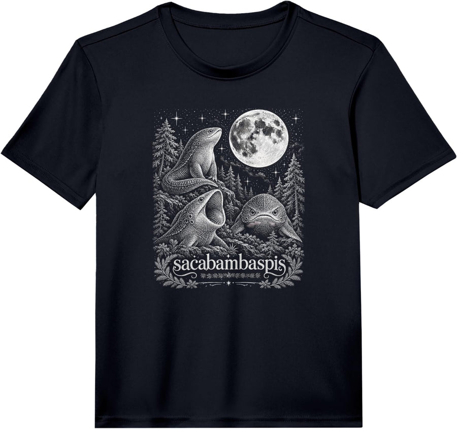 Sacabambaspis Prehistoric Fish Moonlit Night Fossil Art Performance T-Shirt - Black