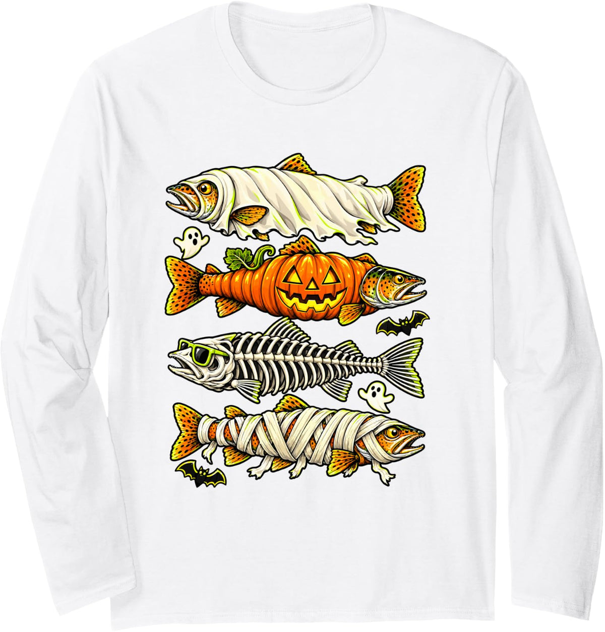 Halloween Trout Fish Ghost Pumpkin Skeleton Mummy Fishing Long Sleeve T-Shirt - Adult Unisex White