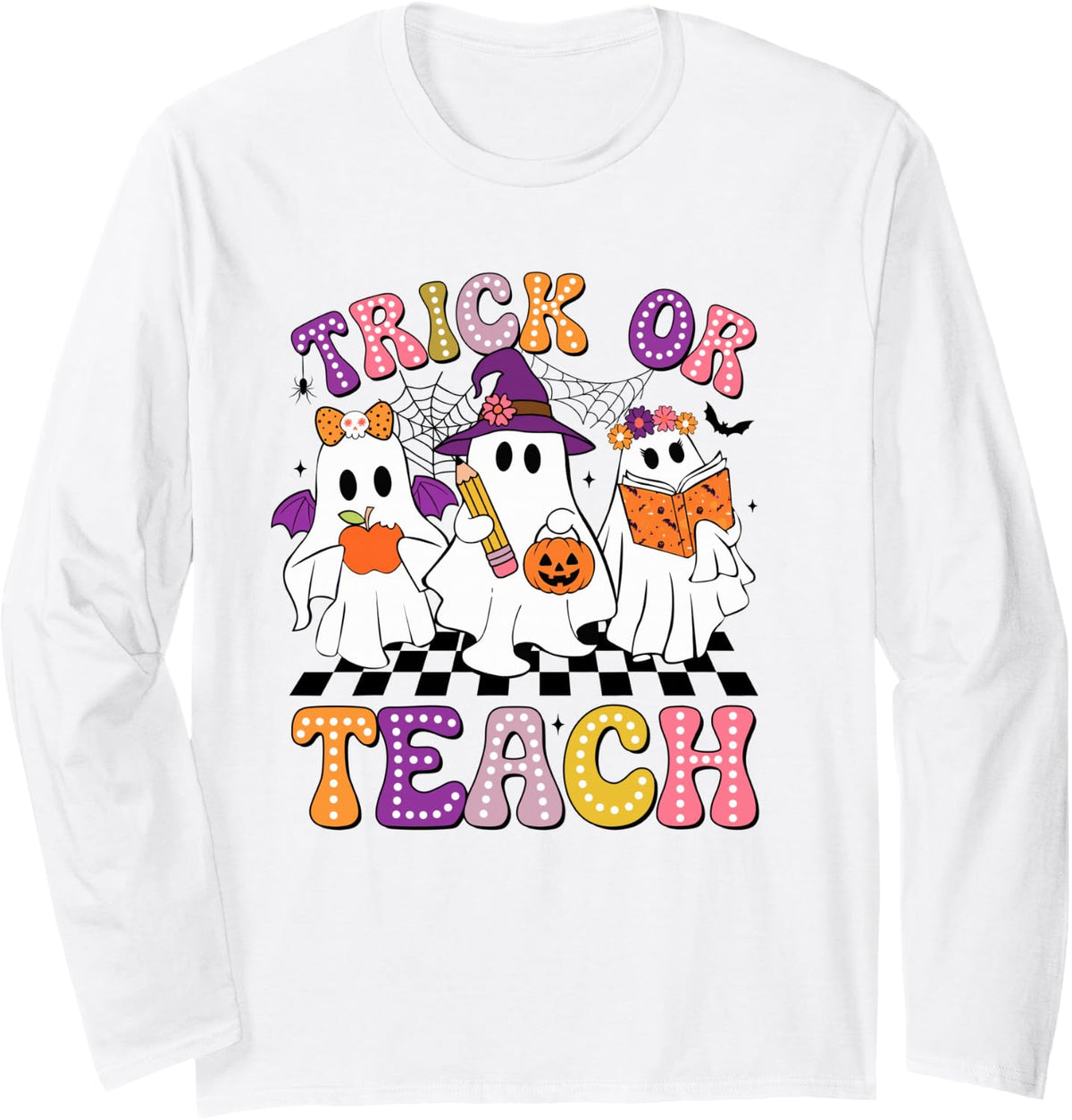 Trick Or Teach Groovy Teacher Halloween Retro Floral Ghost Long Sleeve T-Shirt - Adult Unisex White
