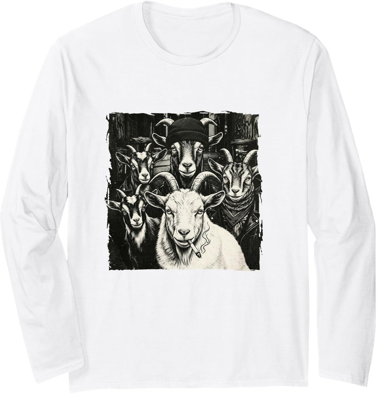 Cool Vintage Gangster Street Crew Goat Long Sleeve T-Shirt - Adult Unisex White