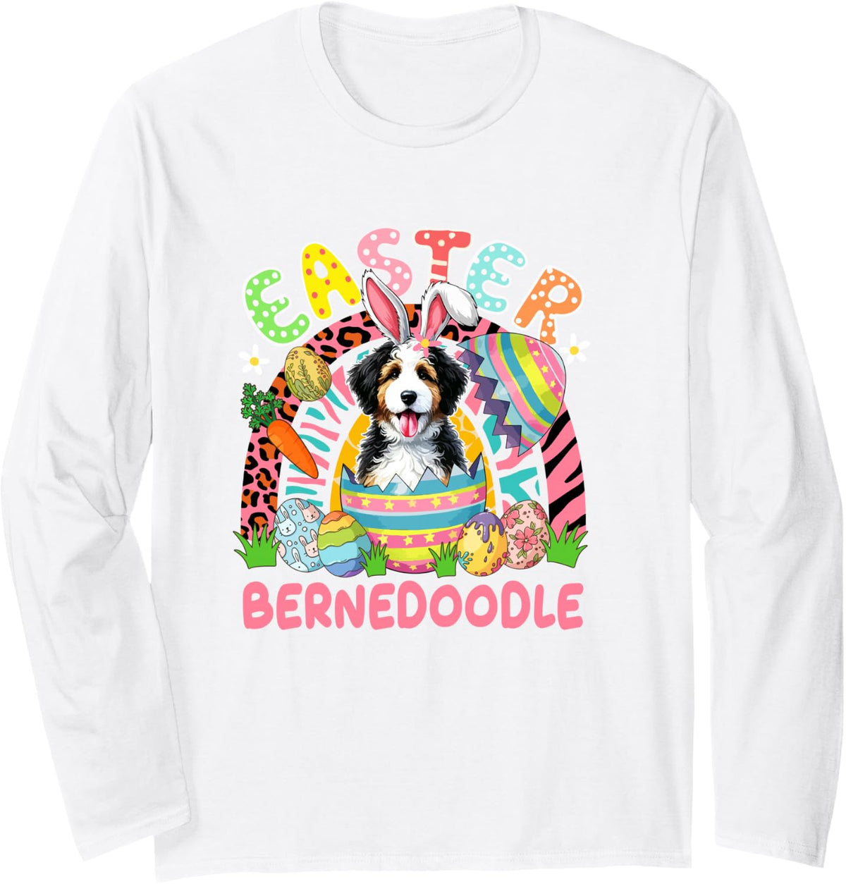 Easter Bunny Bernedoodle Inside Eggs Leopard Rainbow Long Sleeve T-Shirt - Adult Unisex White