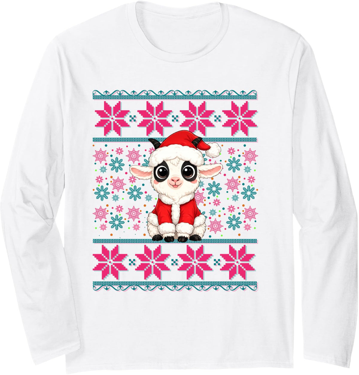 Cute Goat Wearing Santa Hat Ugly Christmas Pajama Girls Long Sleeve T-Shirt - Adult Unisex White