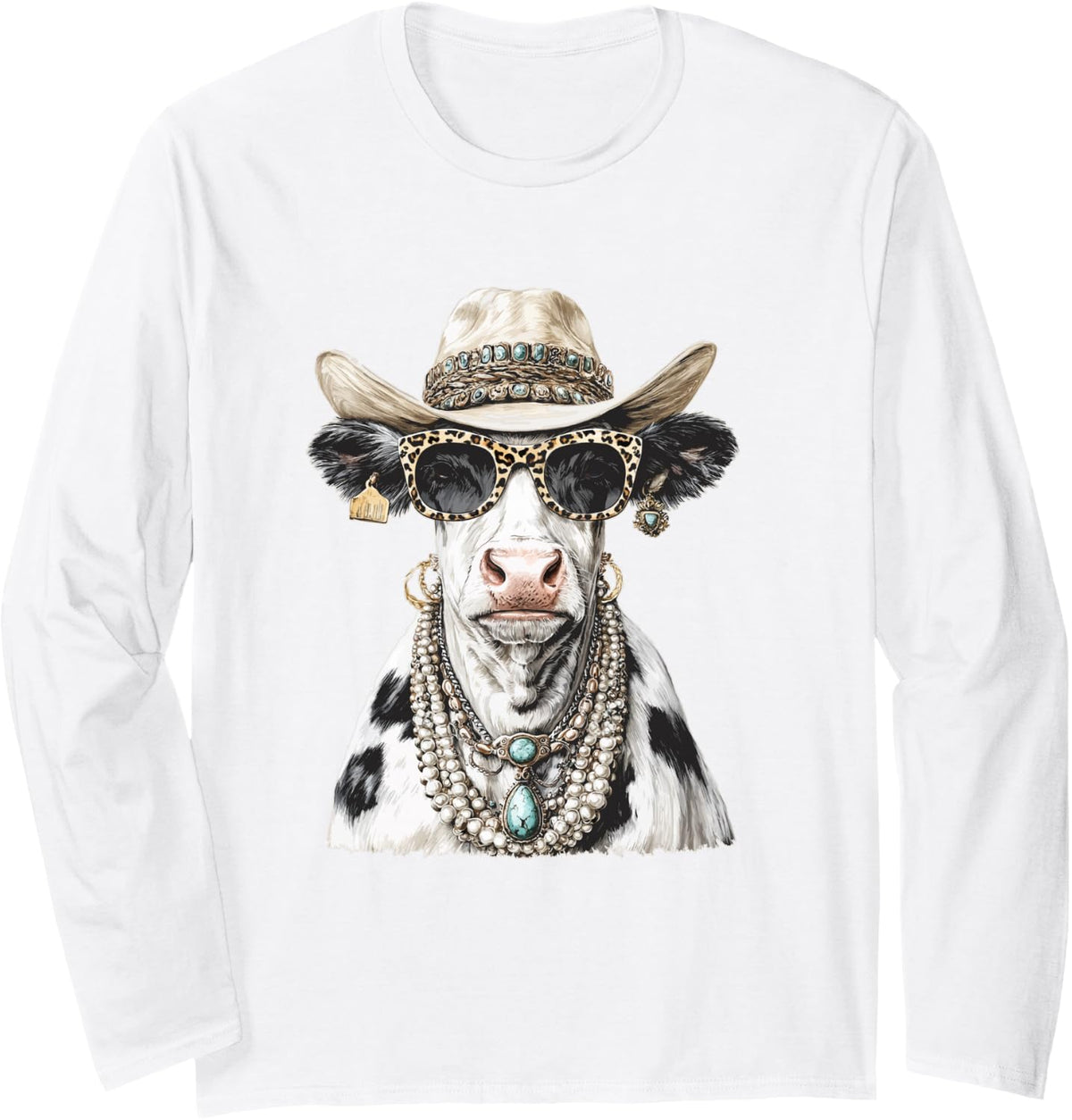 Glam Cow with Cowboy Hat Boujee Animal Western Boho Long Sleeve T-Shirt - Adult Unisex White