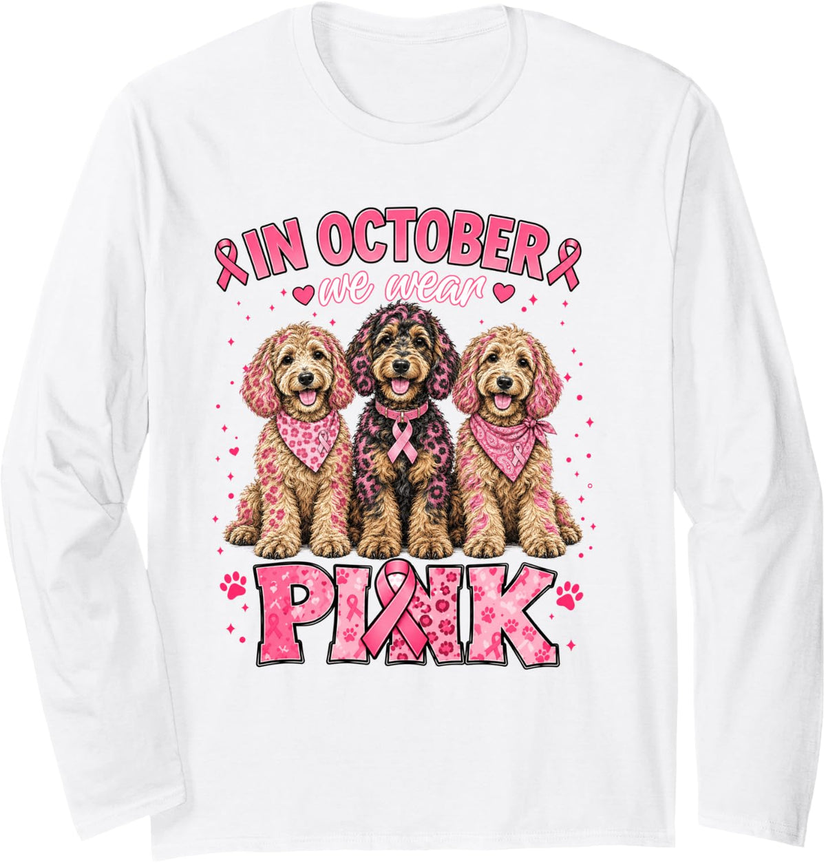 in October We Wear Pink Goldendoodle Breast Cancer Awareness Long Sleeve T-Shirt - Adult Unisex White