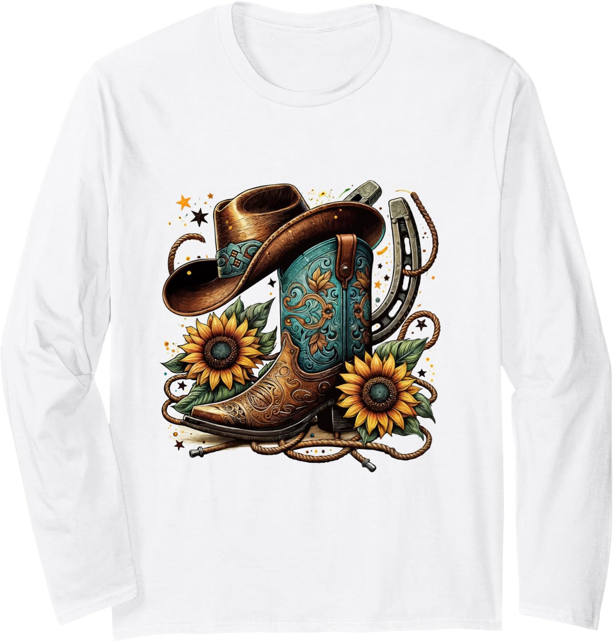 Western Cowboy Boot Horseshoe Sunflower Rope Cowgirl Boot Long Sleeve T-Shirt - Adult Unisex White