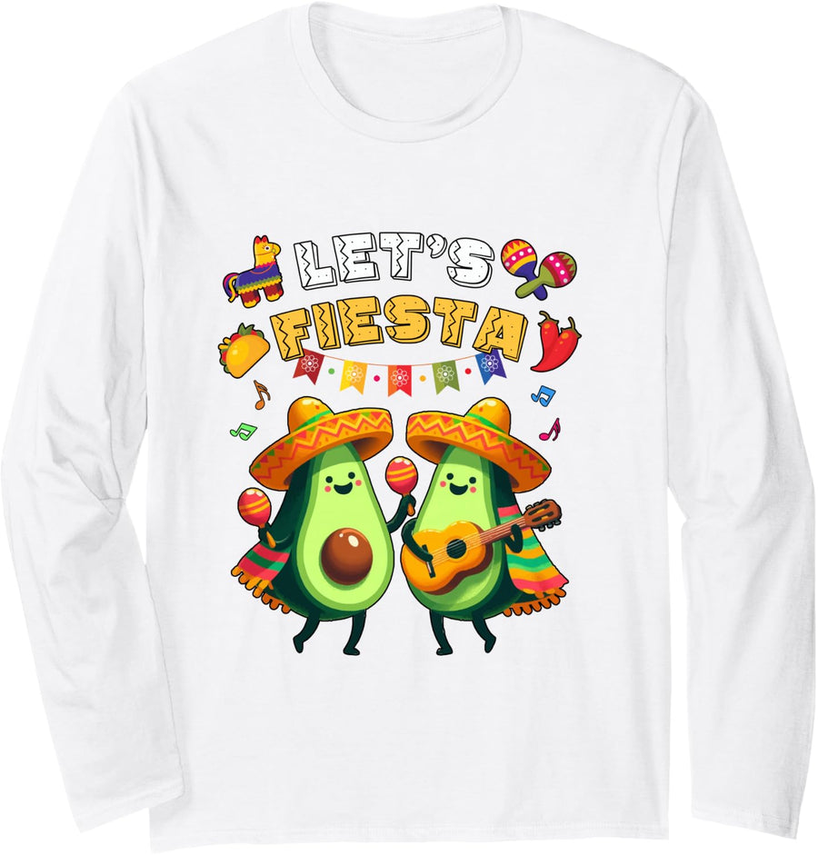 Let's Fiesta Poncho Avocado Cinco de Mayo Mexican Men Women Long Sleeve T-Shirt - Adult Unisex White