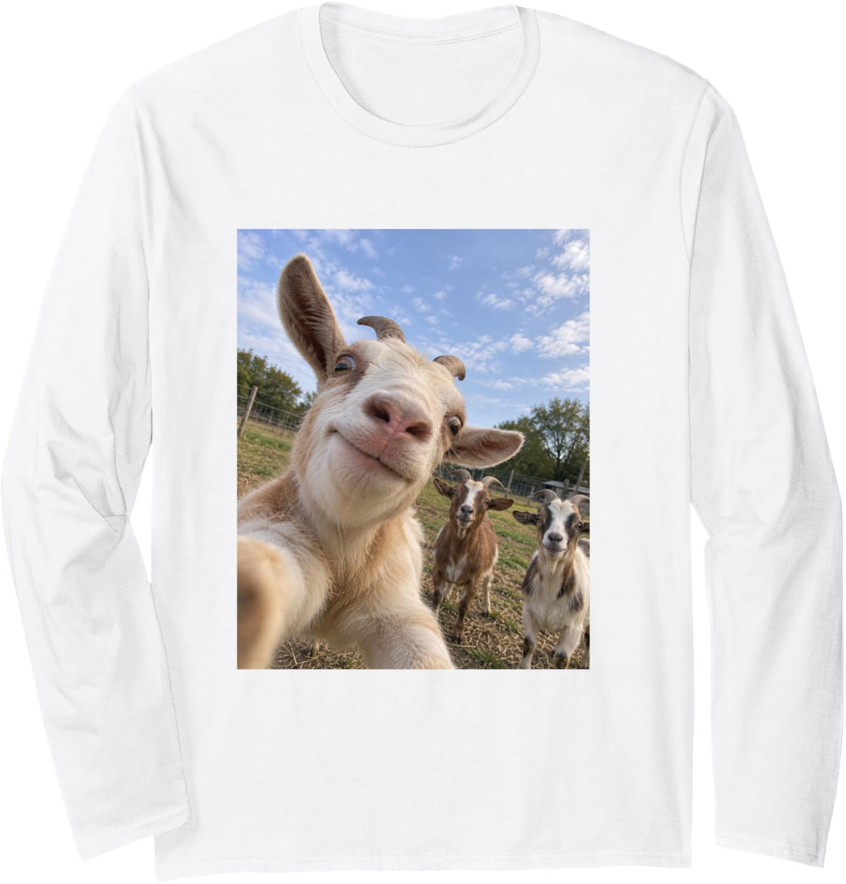 Funny Goat Final Boss Silly Farm Animal Selfie Meme Long Sleeve T-Shirt - Adult Unisex White