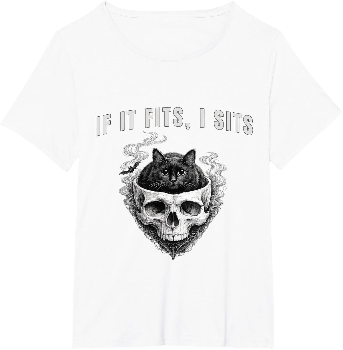 If It Fits, I Sits Black Cat Skull Spooky Minimalist T-Shirt - White