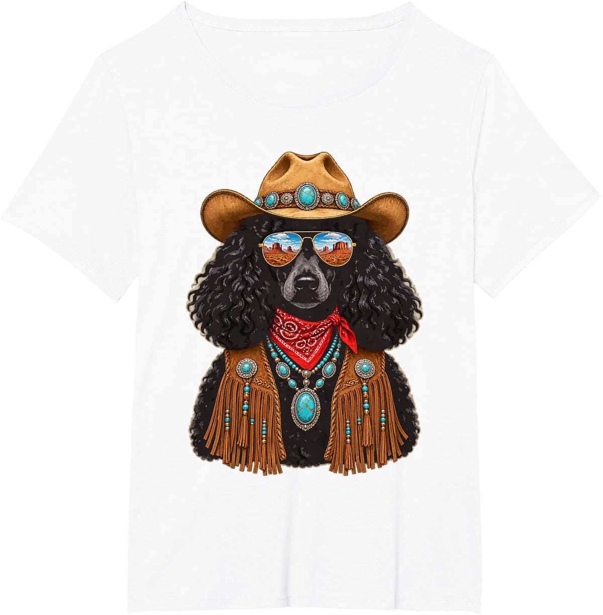 Glam Poodle with Sunglasses and Cowboy Hat Western Boho T-Shirt - White