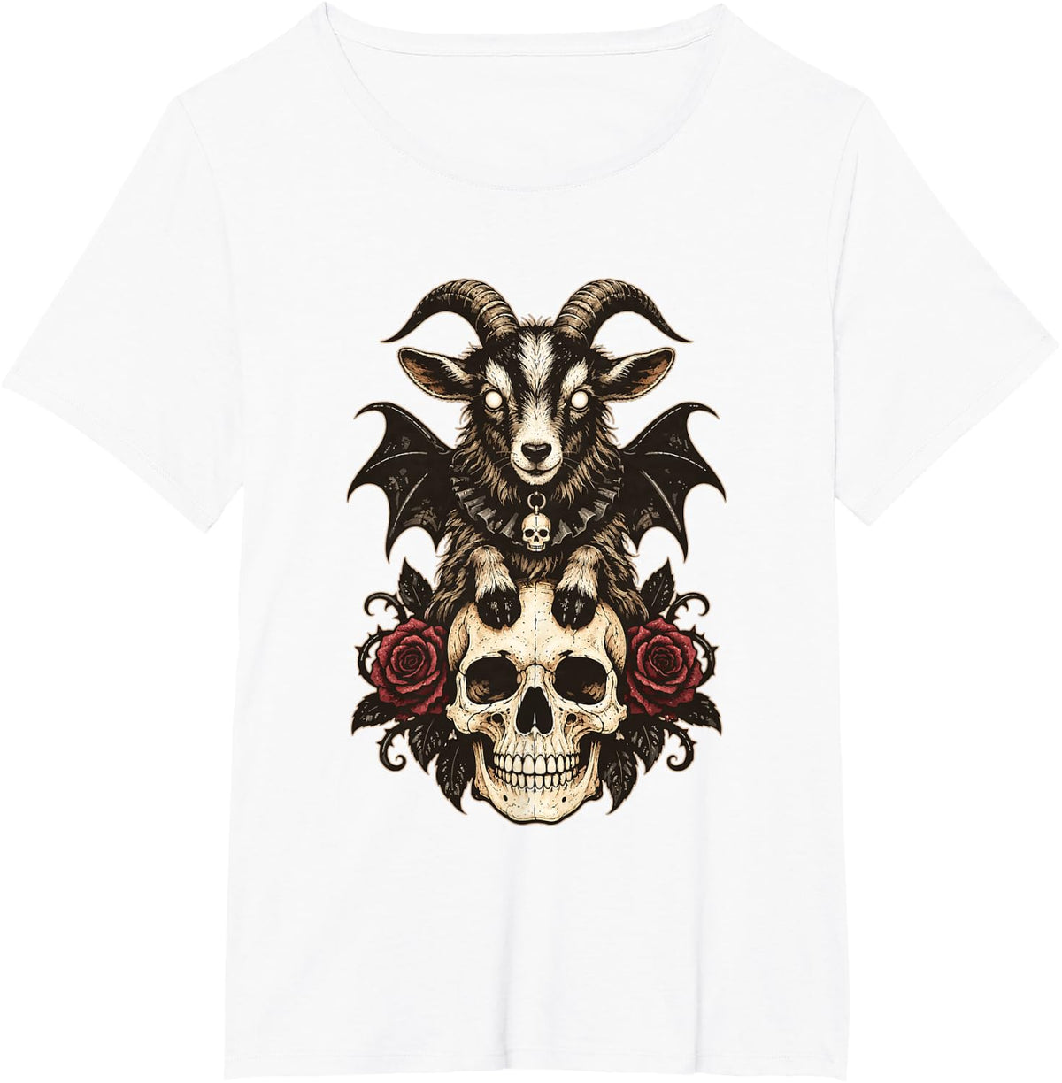 Goat with Bat Wings Floral Gothic Skull Halloween Animal T-Shirt - White