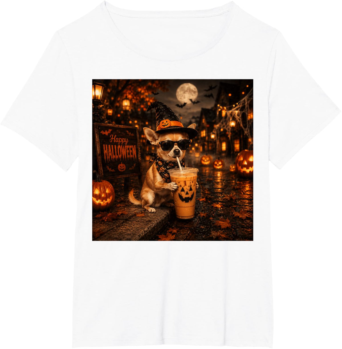Halloween Chihuahua Drinking Iced Coffee Dog Sunglasses T-Shirt - White