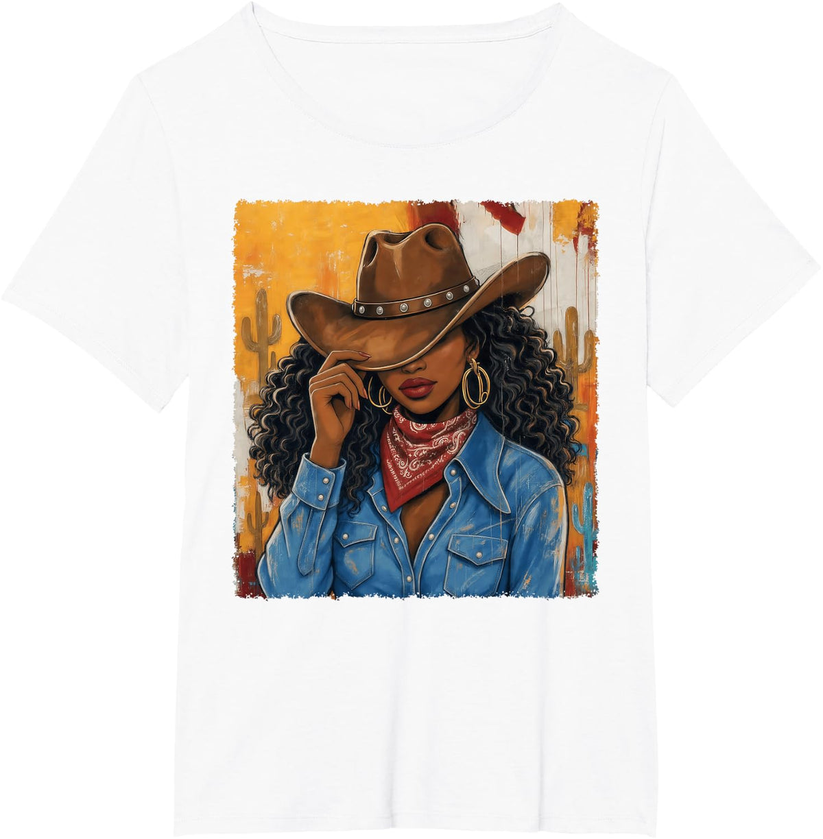 Western Country African American Black Cowgirl Afro Women T-Shirt - White