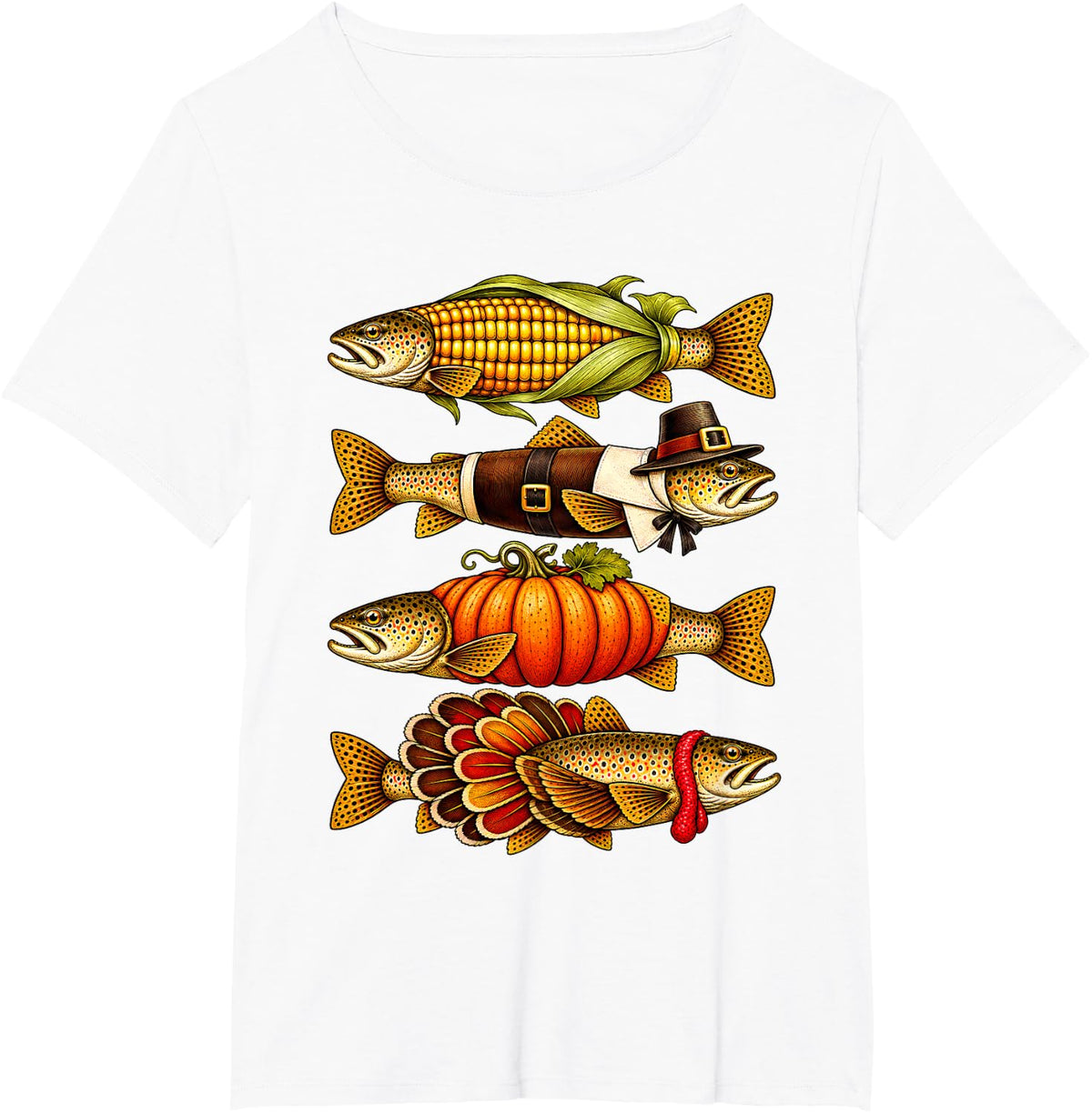 Thanksgiving Trout Fishing Turkey Pilgrim Pumpkin Fish T-Shirt - White