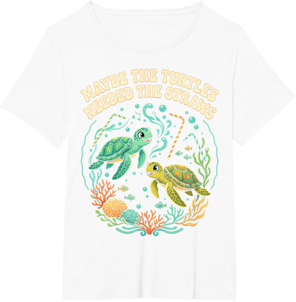 Funny Sea Turtle Ocean Straws Retro Marine for Men Women Kid T-Shirt - White
