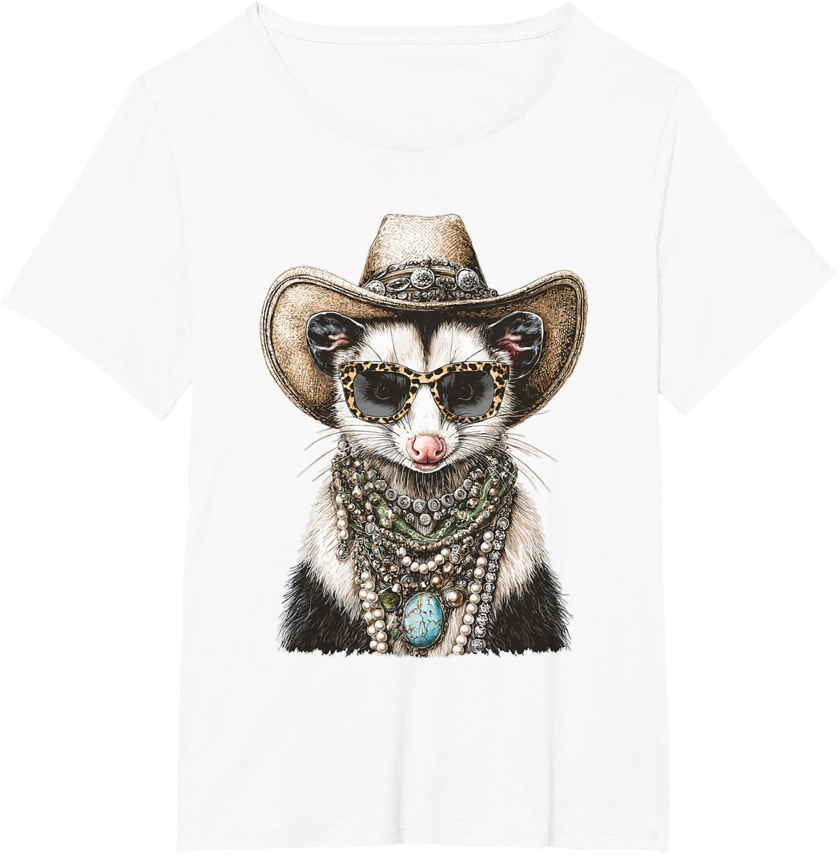 Glam Possum with Cowboy Hat Boujee Animal Western Boho T-Shirt - White