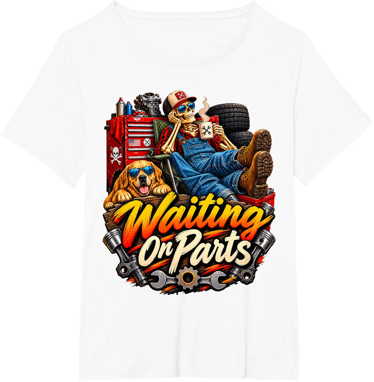Funny Skeleton Mechanic Golden Retriever Waiting On Parts T-Shirt - White