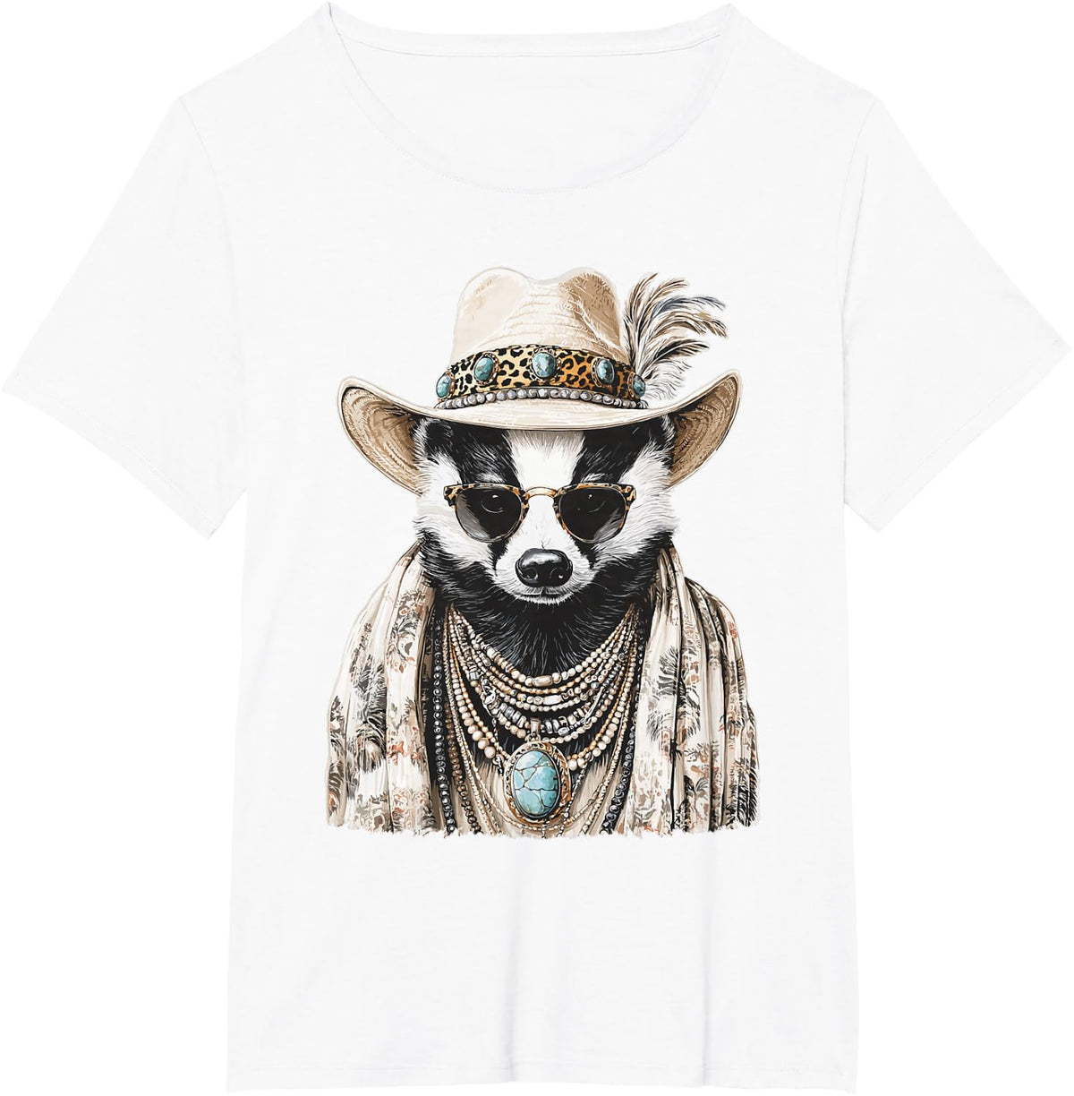 Glam Badger with Cowboy Hat Boujee Animal Western Boho T-Shirt - White