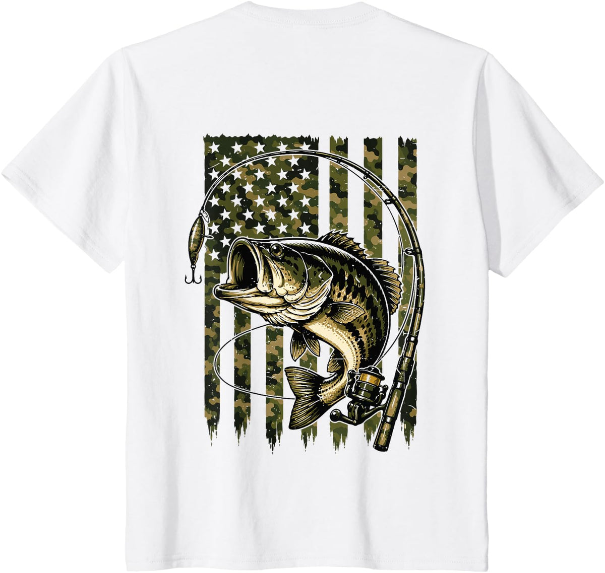 Youth Camo Fishing Bass Fish Pole American Flag Camouflage T-Shirt - White
