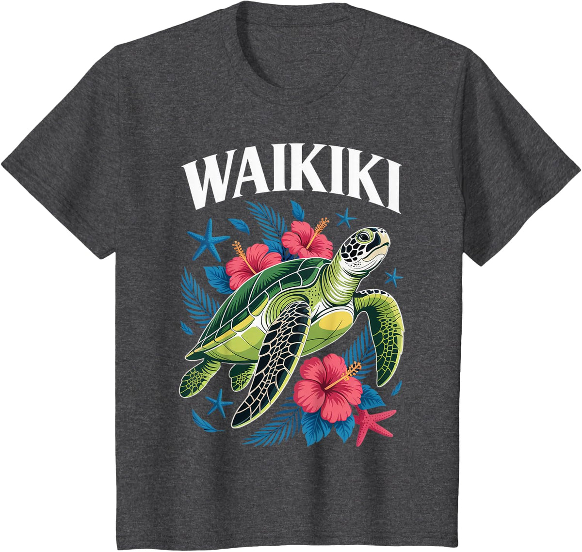 Tropical Waikiki Honolulu Hawaii Island Turtle Waikiki T-Shirt - Dark Heather Grey