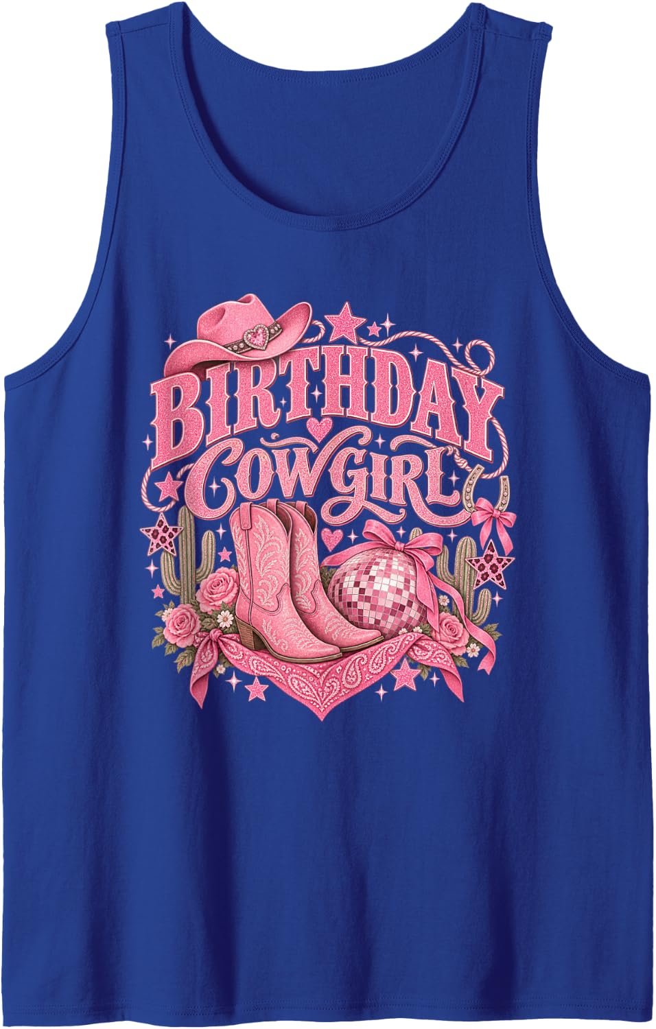 Birthday Cowgirl Pink Western Boots Cowboy Hat Rodeo Sleeveless Tank Top - Royal Blue