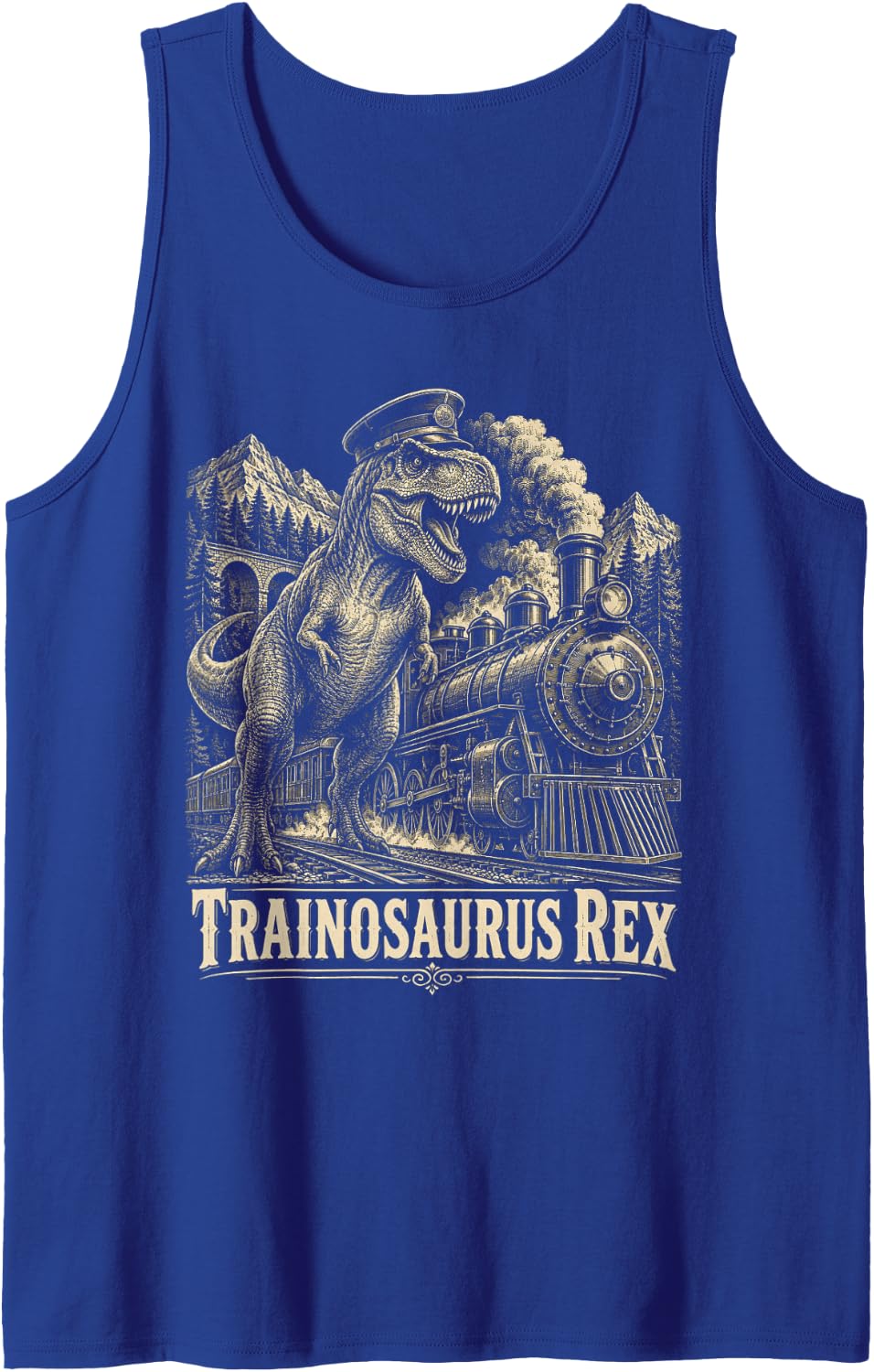 Trainosaurus Rex Vintage Steam Train Dinosaur Sleeveless Tank Top - Royal Blue