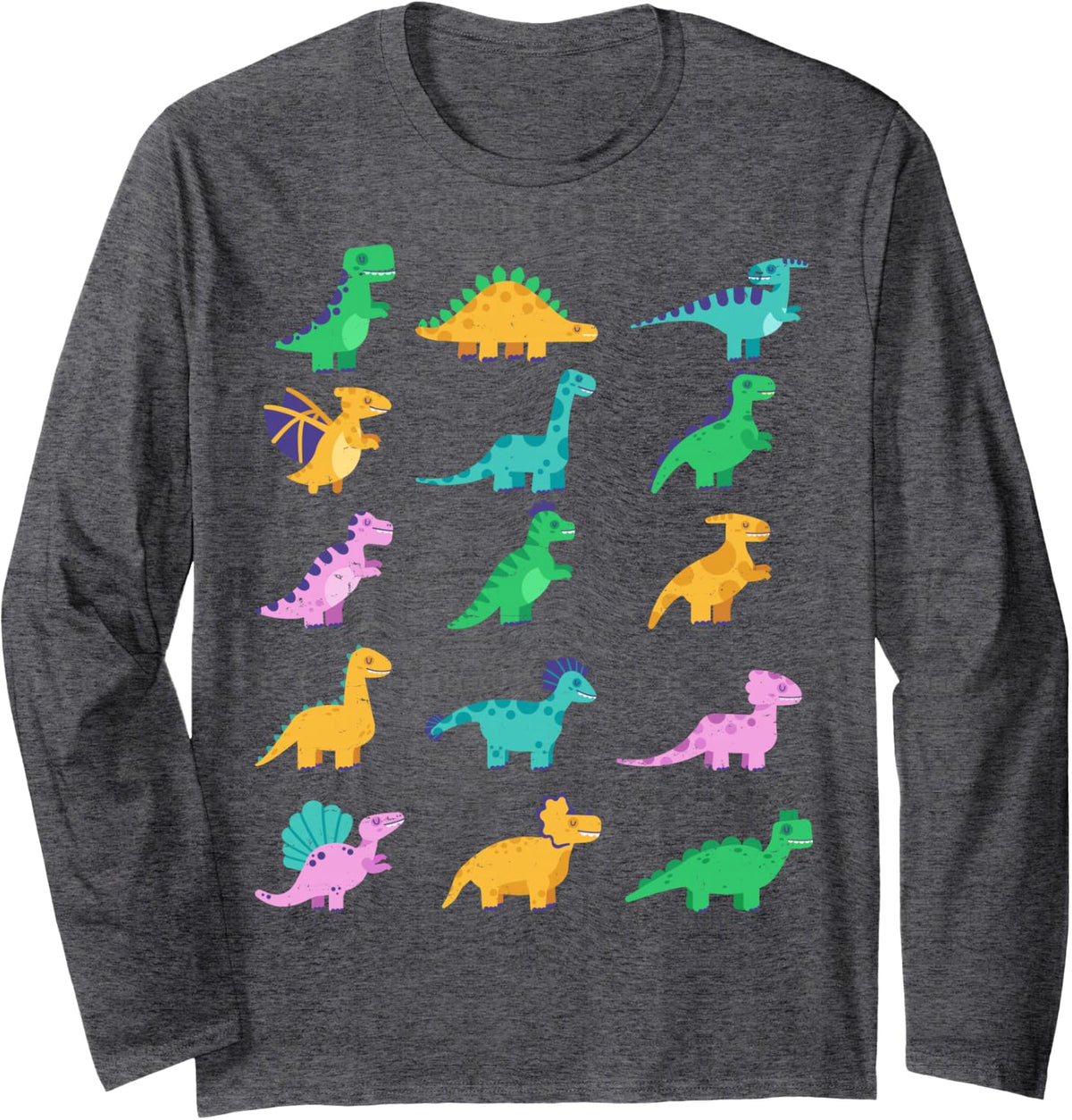 Types of Dinosaurs Cute Pastel Cartoon Dinos for Kids Long Sleeve T-Shirt - Adult Unisex Dark Heather Grey