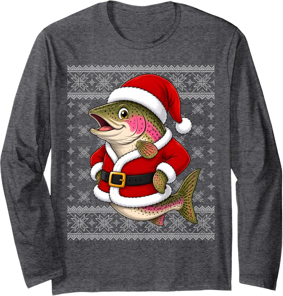 Fishing Rainbow Trout Fish Christmas Santa Costume Ugly Xmas Long Sleeve T-Shirt - Adult Unisex Dark Heather Grey