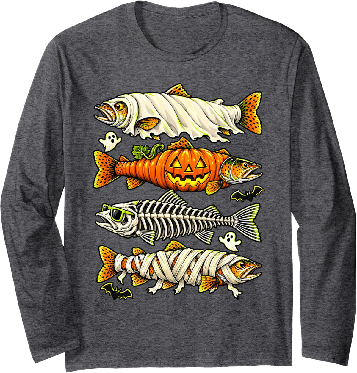 Halloween Trout Fish Ghost Pumpkin Skeleton Mummy Fishing Long Sleeve T-Shirt - Adult Unisex Dark Heather Grey