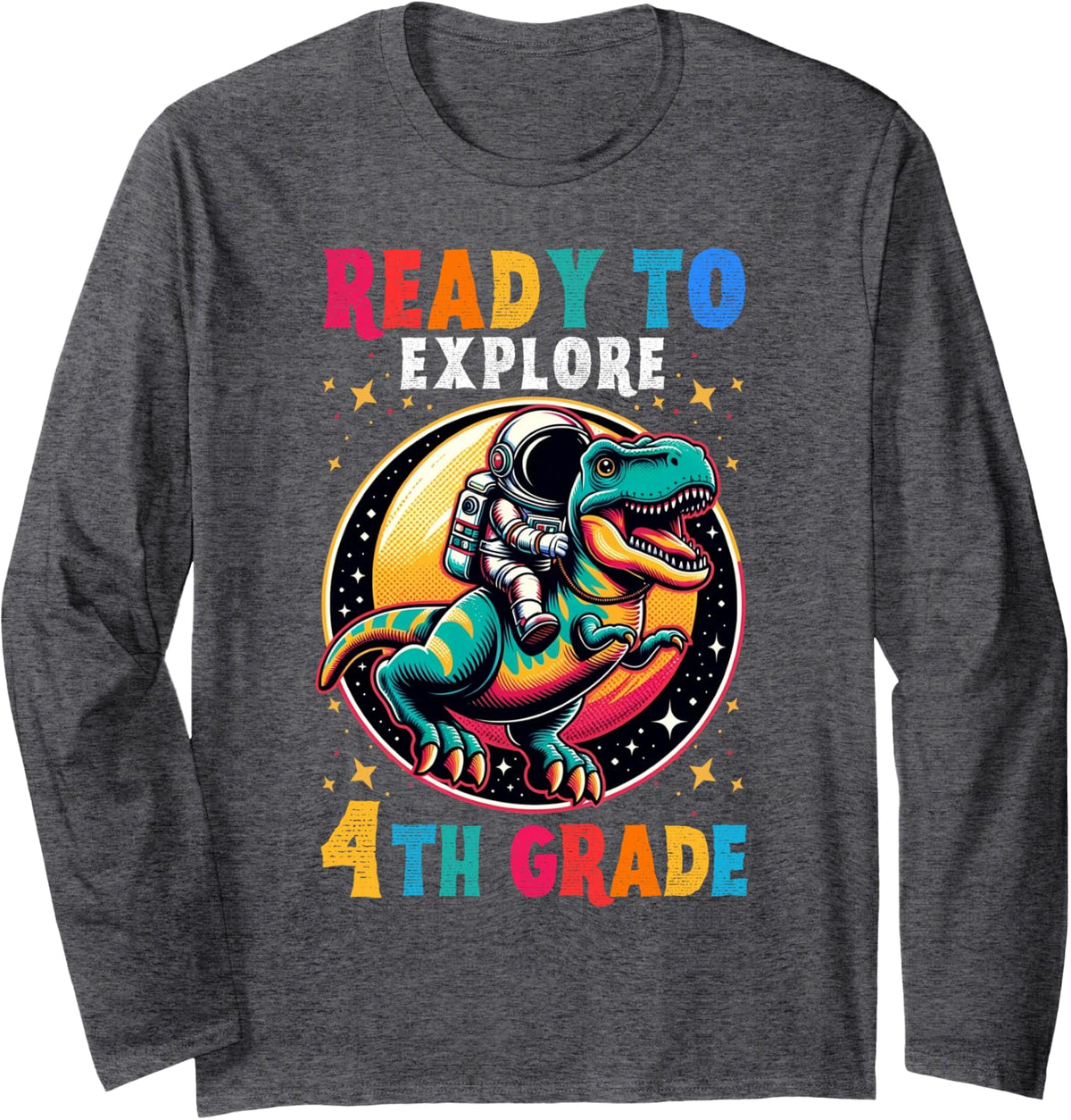 First Day Back to School 4th Grade Astronaut Dinosaur Boys Long Sleeve T-Shirt - Adult Unisex Dark Heather Grey