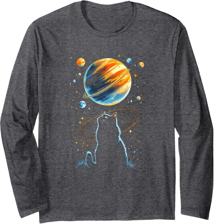 Cosmic Cat Gazing at Saturn and Stars Long Sleeve T-Shirt - Adult Unisex Dark Heather Grey