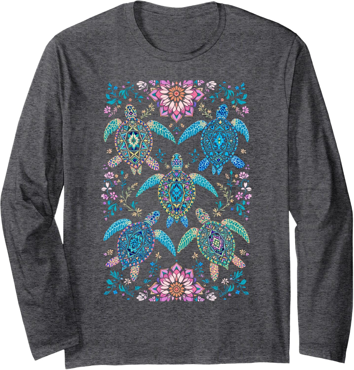 Colorful Turtles with Floral Patterns Long Sleeve T-Shirt - Adult Unisex Dark Heather Grey