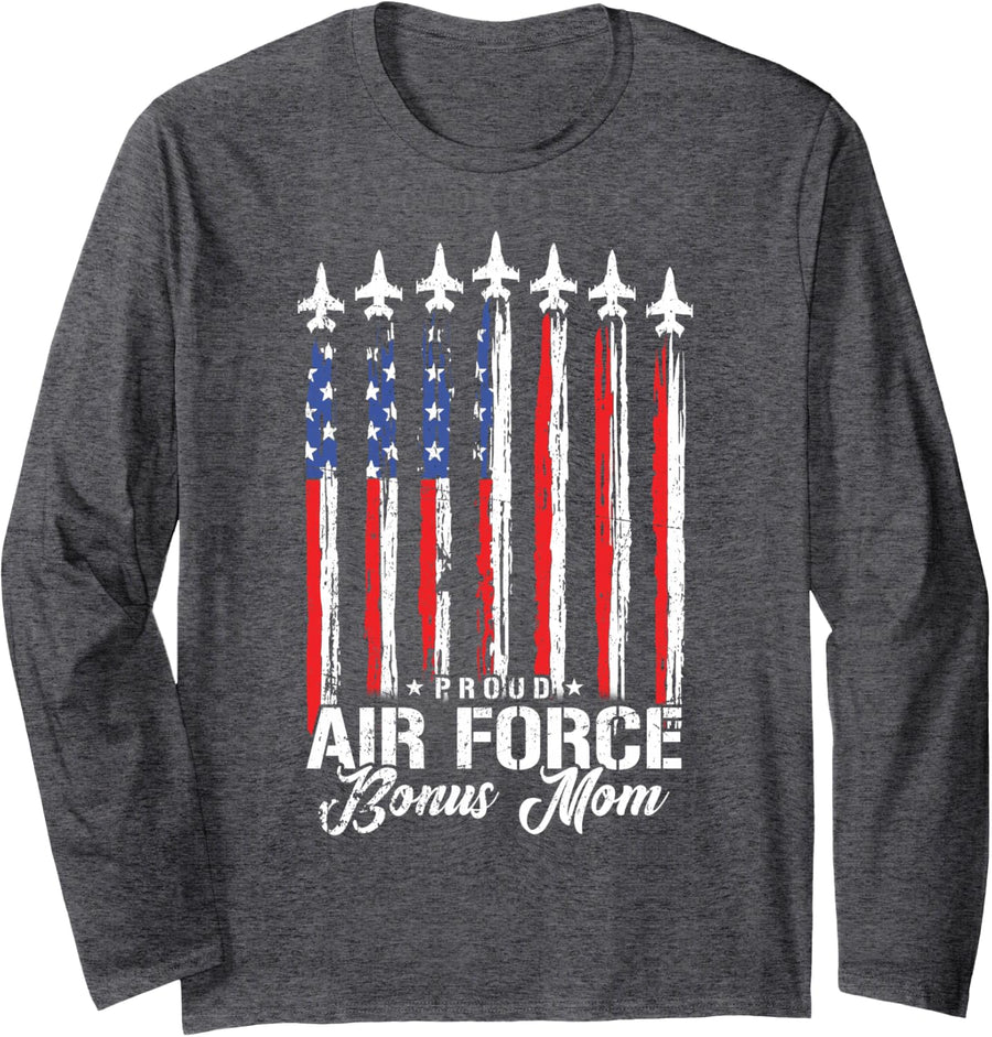 Proud Air Force Bonus Mom Flag USA Family Matching Long Sleeve T-Shirt - Adult Unisex Dark Heather Grey