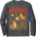 Partners in Crime Corgi and Cat Long Sleeve T-Shirt - Adult Unisex Dark Heather Grey