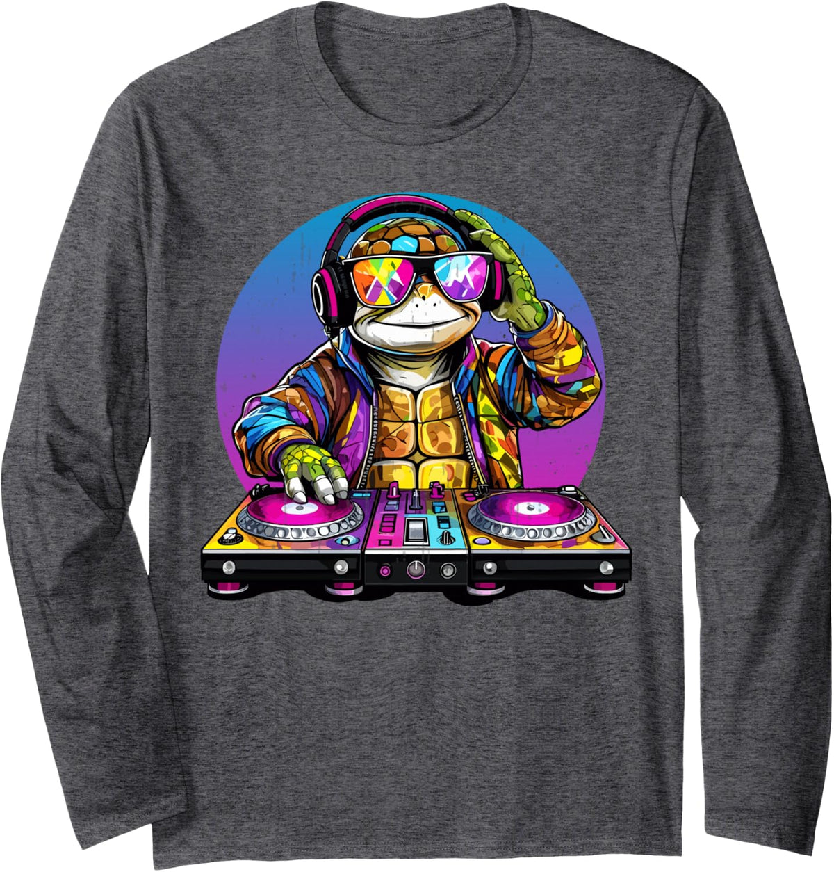 DJ Turtle Headphones Retro Music Lover Dance Djing Turtle DJ Long Sleeve T-Shirt - Adult Unisex Dark Heather Grey
