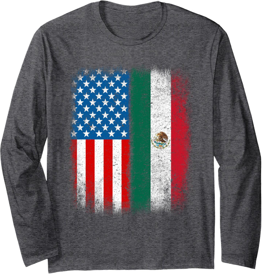 Mexican American flag Half Usa Us Mexico Heritage Friendship Long Sleeve T-Shirt - Adult Unisex Dark Heather Grey
