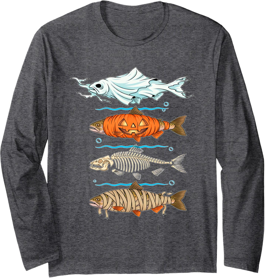 Halloween Trout Fish Ghost Pumpkin Skeleton Long Sleeve T-Shirt - Adult Unisex Dark Heather Grey