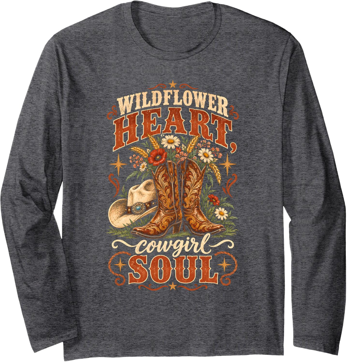 Wildflower Heart Cowgirl Soul Cowboy Boots Western Rodeo Long Sleeve T-Shirt - Adult Unisex Dark Heather Grey