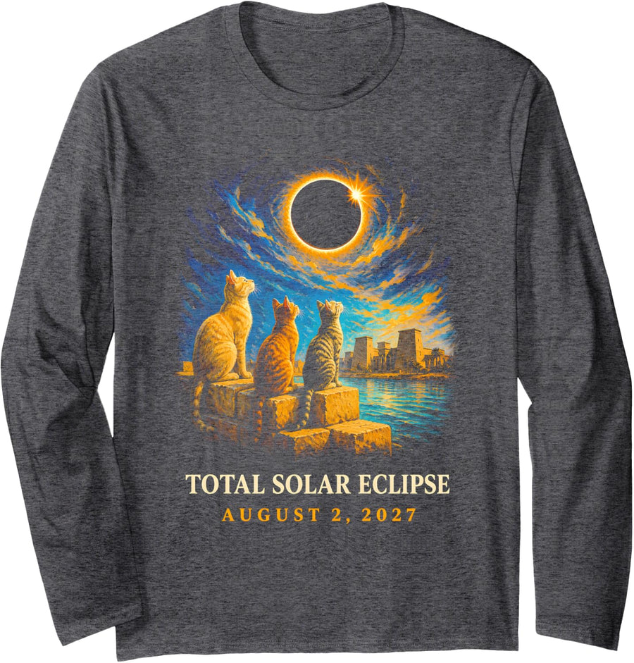 Nile Cats Total Solar Eclipse 2027 Animal Astronomy Watchers Long Sleeve T-Shirt - Adult Unisex Dark Heather Grey