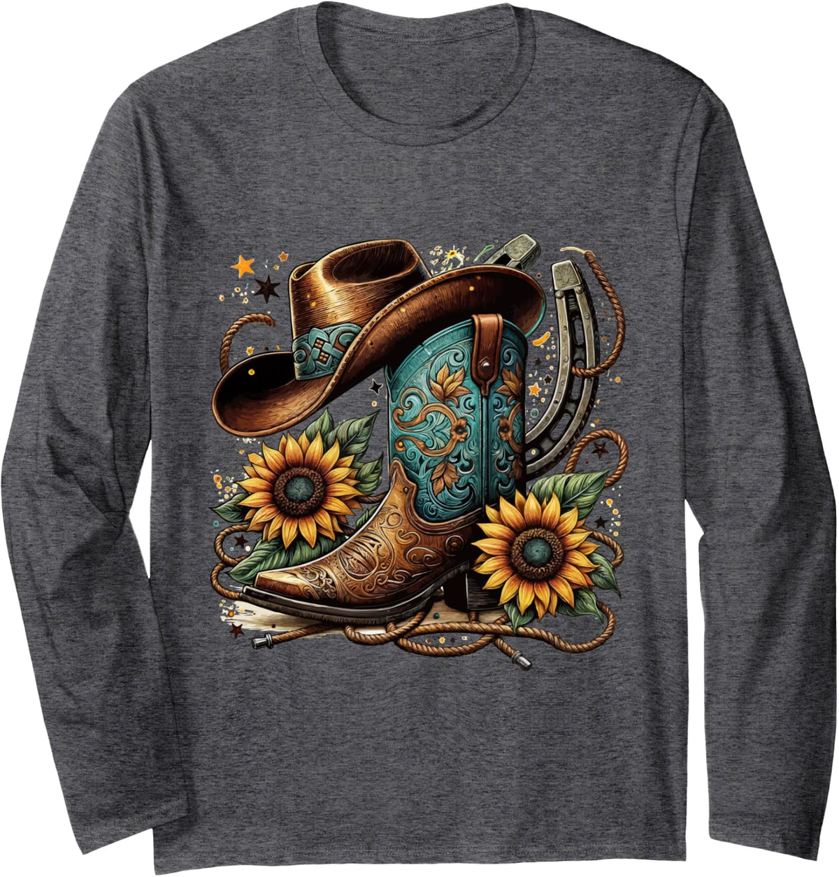 Western Cowboy Boot Horseshoe Sunflower Rope Cowgirl Boot Long Sleeve T-Shirt - Adult Unisex Dark Heather Grey
