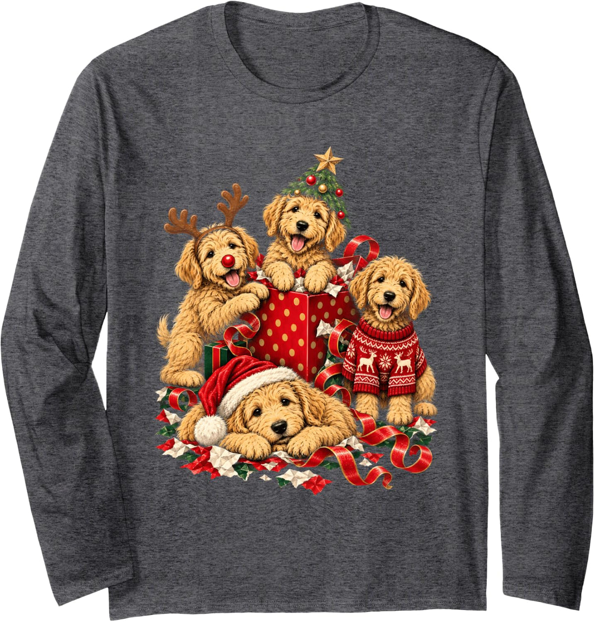 Golden Doodle Christmas Goldendoodle Women Girls Xmas Long Sleeve T-Shirt - Adult Unisex Dark Heather Grey