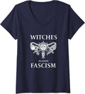 Womens Witches Against Fascism Occult Grunge Goth Punk Wicca V-Neck T-Shirt - Navy Blue